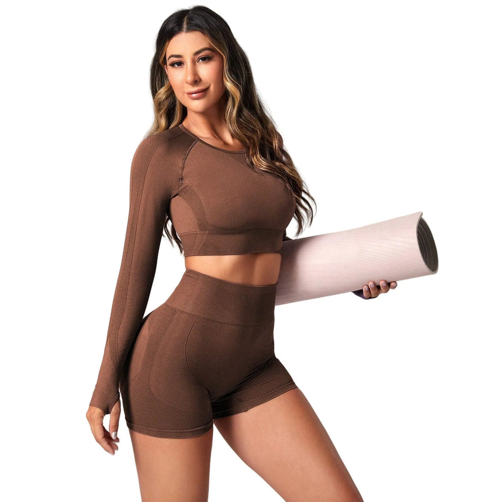 Women's high waist yoga suit in solid color with long sleeve top and pants for quick-drying performance