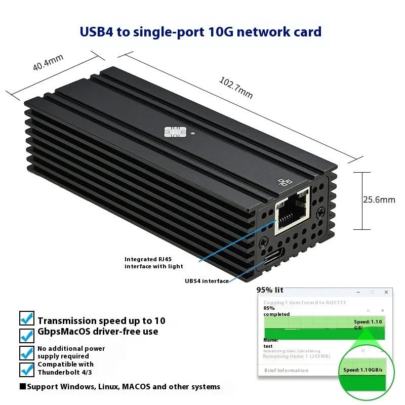 Black Leyu USB4 to RJ45 10 Gigabit Ethernet network adapter dongle with 20cm cable.