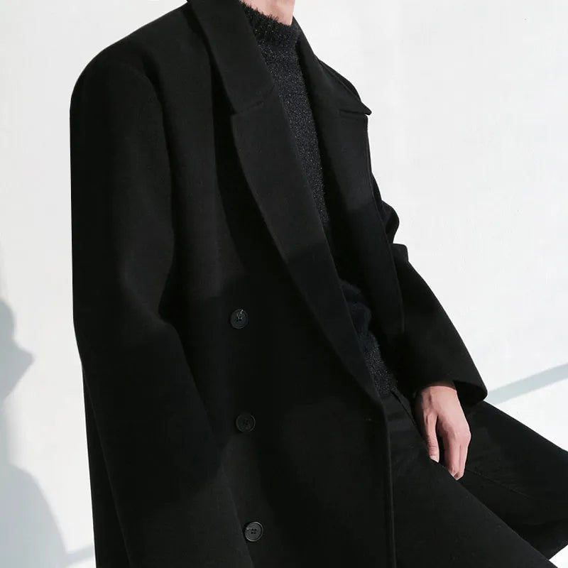 Winter woolen coat with suit collar, single-breasted, loose fit, side slit pockets, in black colour