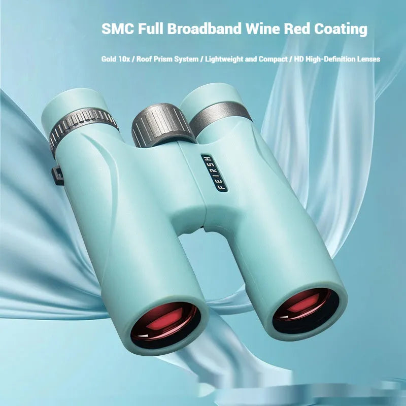 Wine red film imaging bright binoculars in grey or blue colour with 10x32 specification.