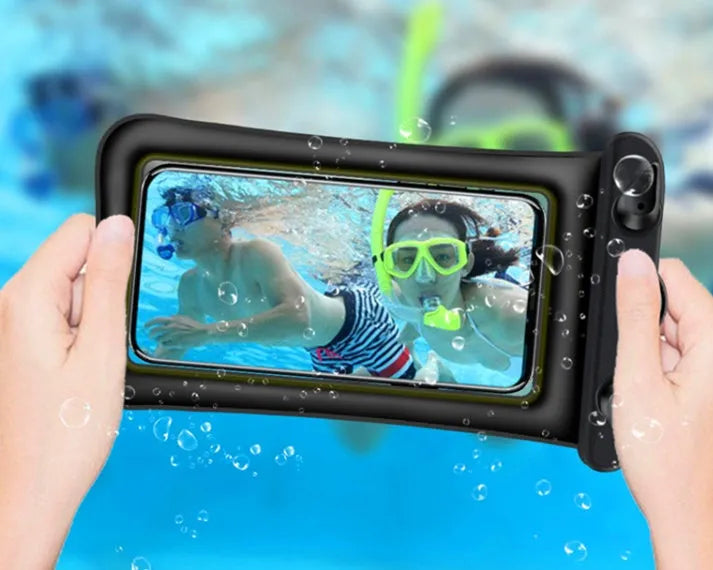 Orange PVC waterproof phone pouch with neck rope showing double airbag design