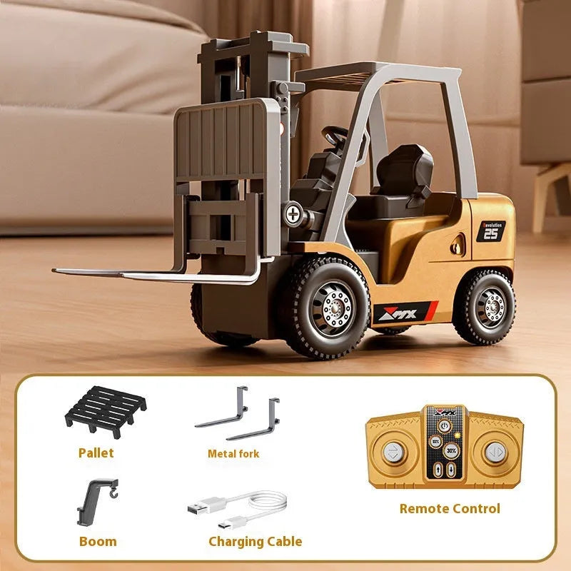 1:64 scale mini alloy forklift remote control toy with remote and accessories on white background