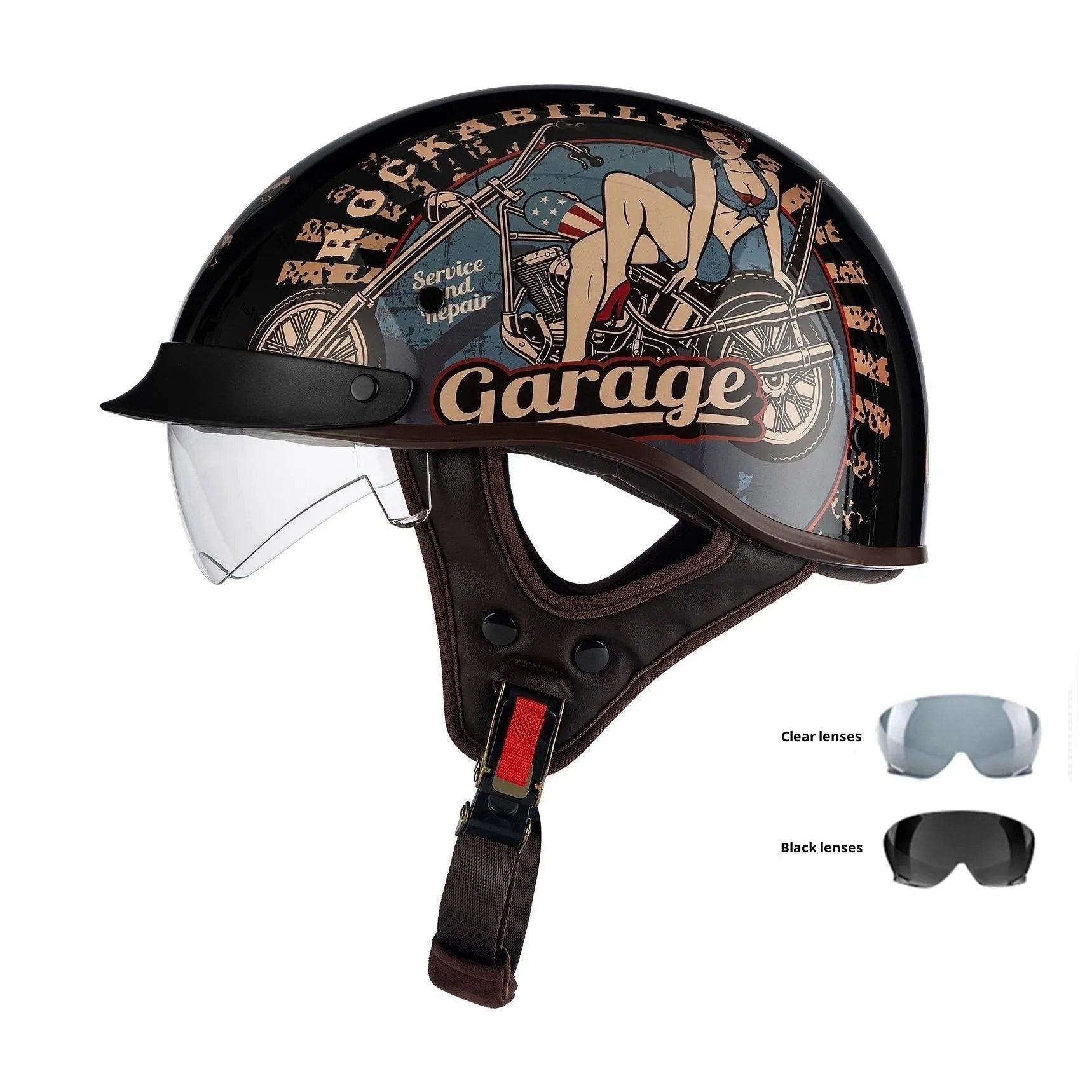 Retro electric motorcycle helmet in matte black with Whirlwind Dog graphic, shown on a rider.