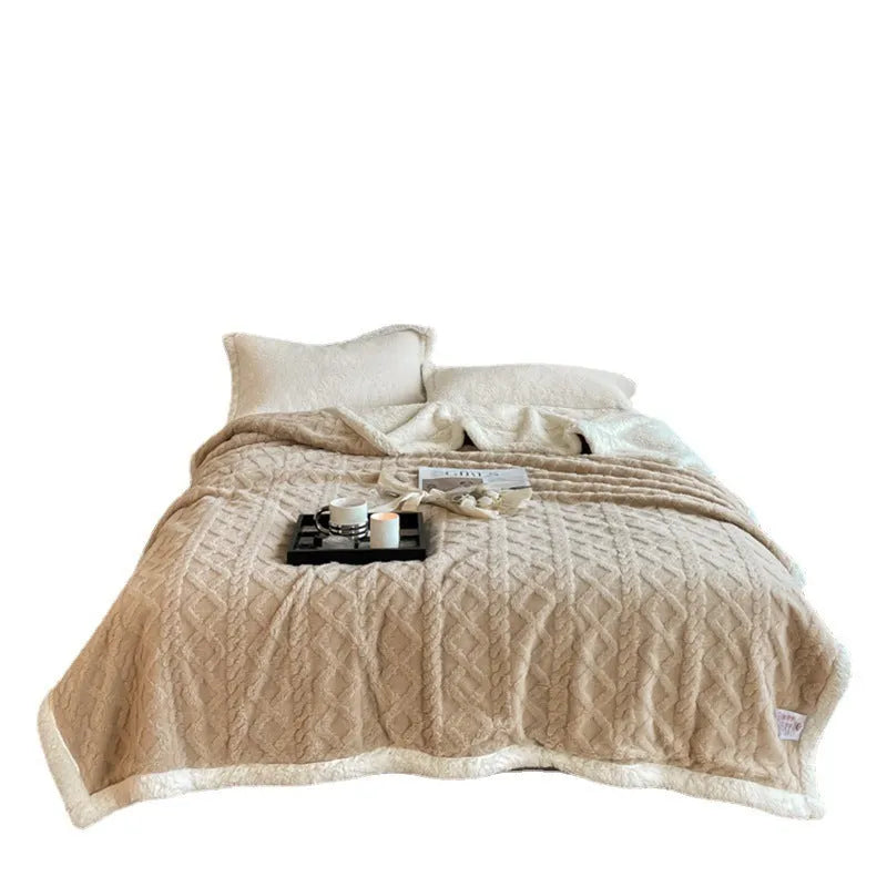 Polyester thermal flannel blanket in tea green colour, shown on a bed, size 180x200cm.