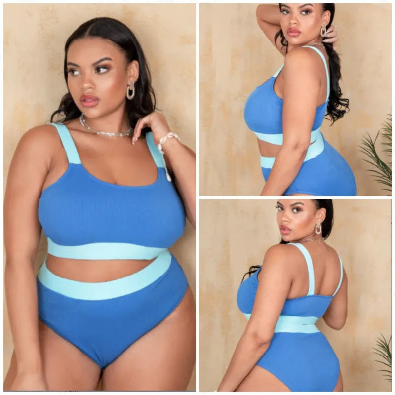 Women's solid colour high-waisted bikini set in polyester, shown in size 0XL to 4XL range.