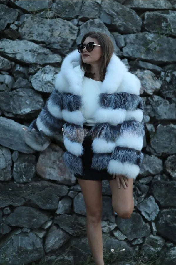 Women's artificial fur hooded coat in street fashion style with 65cm length