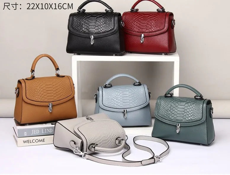 Real head layer cowhide crocodile print small square cross-shoulder bag with lock closure for women