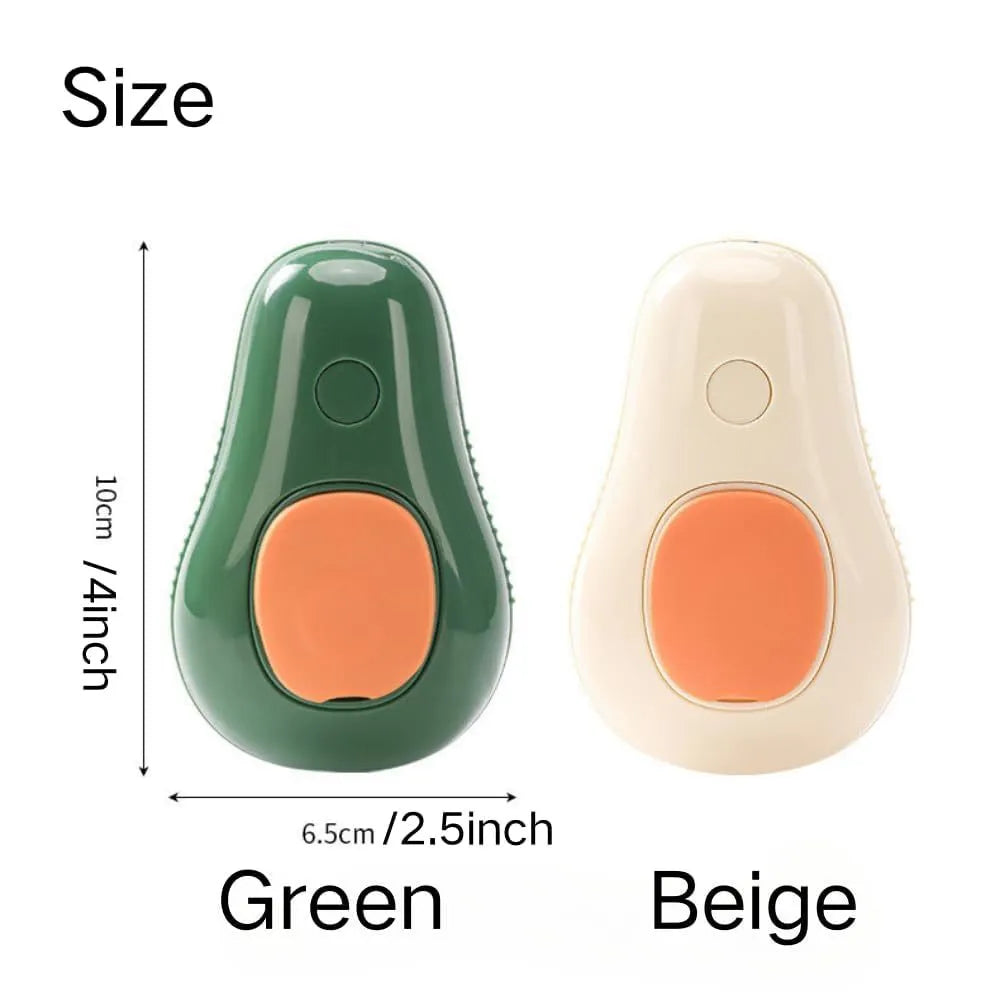 Green and white rechargeable cat steam brush comb with silicone bristles and water spray.