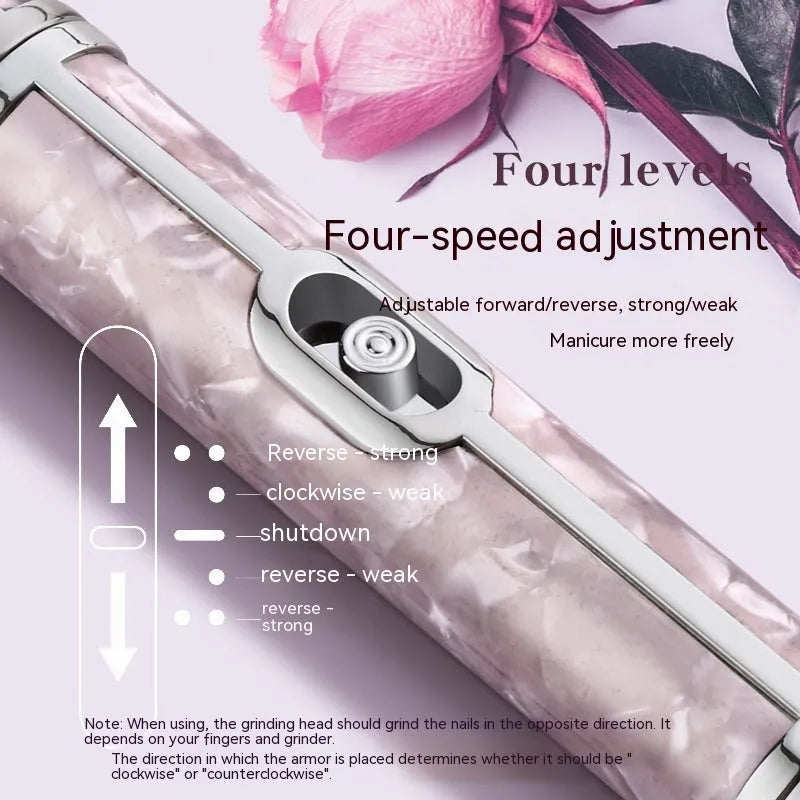 Pink portable nail polishing machine with USB cable on white background, 12.5 cm length
