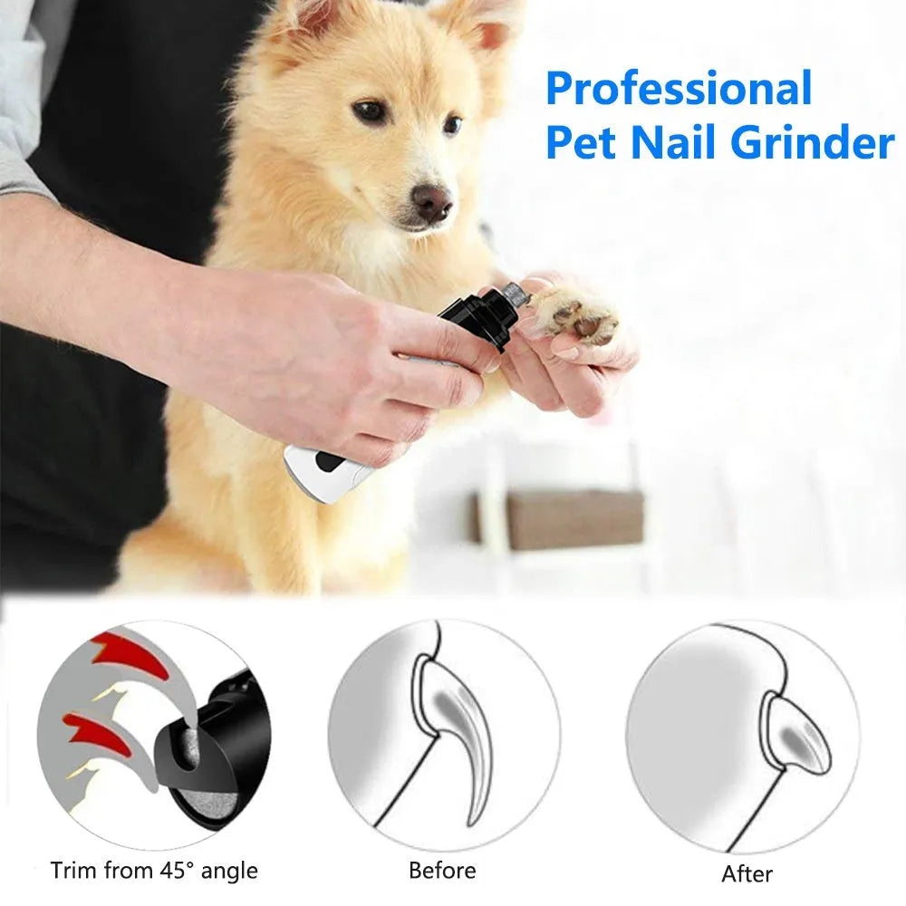 White and grey electric dog nail grinder with LED lights on a blue background