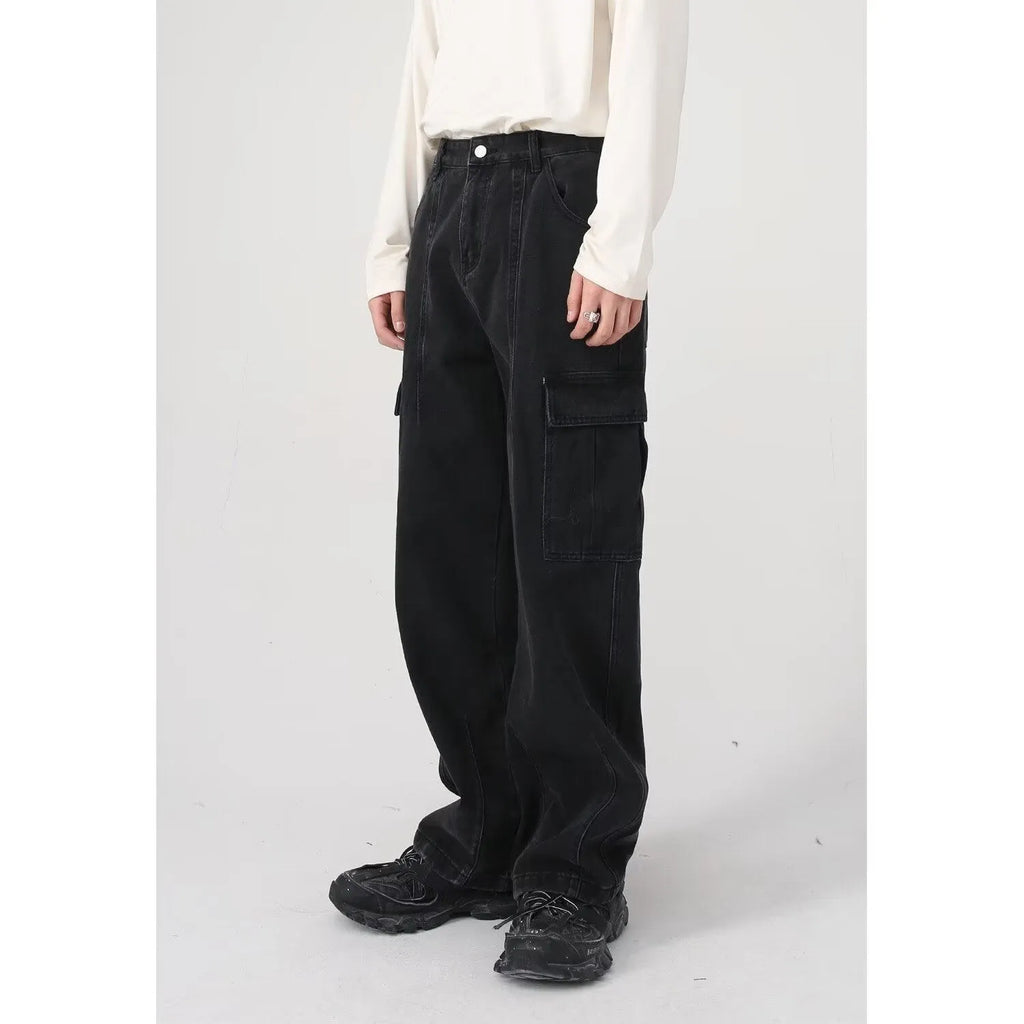 American retro loose straight leg cotton denim workwear jeans in blue with zipper fly