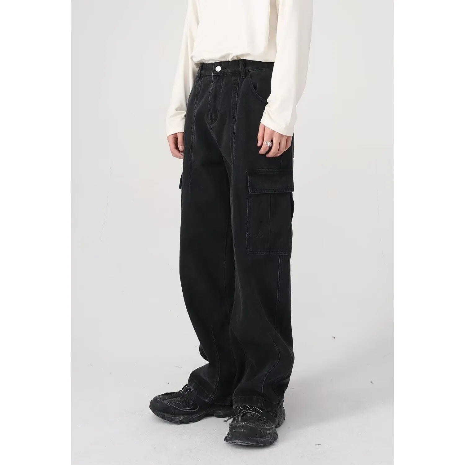 American retro loose straight leg cotton denim workwear jeans in blue with zipper fly