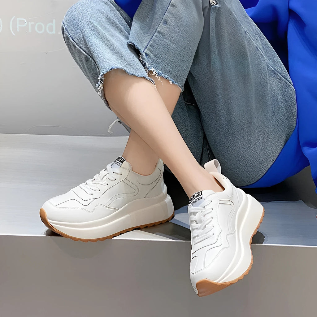 Women's white cowhide leather casual sports shoes with lace-up front and cross strap detail