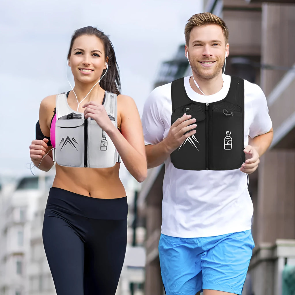 Breathable mesh running vest in grey with integrated front phone pocket for outdoor sports.