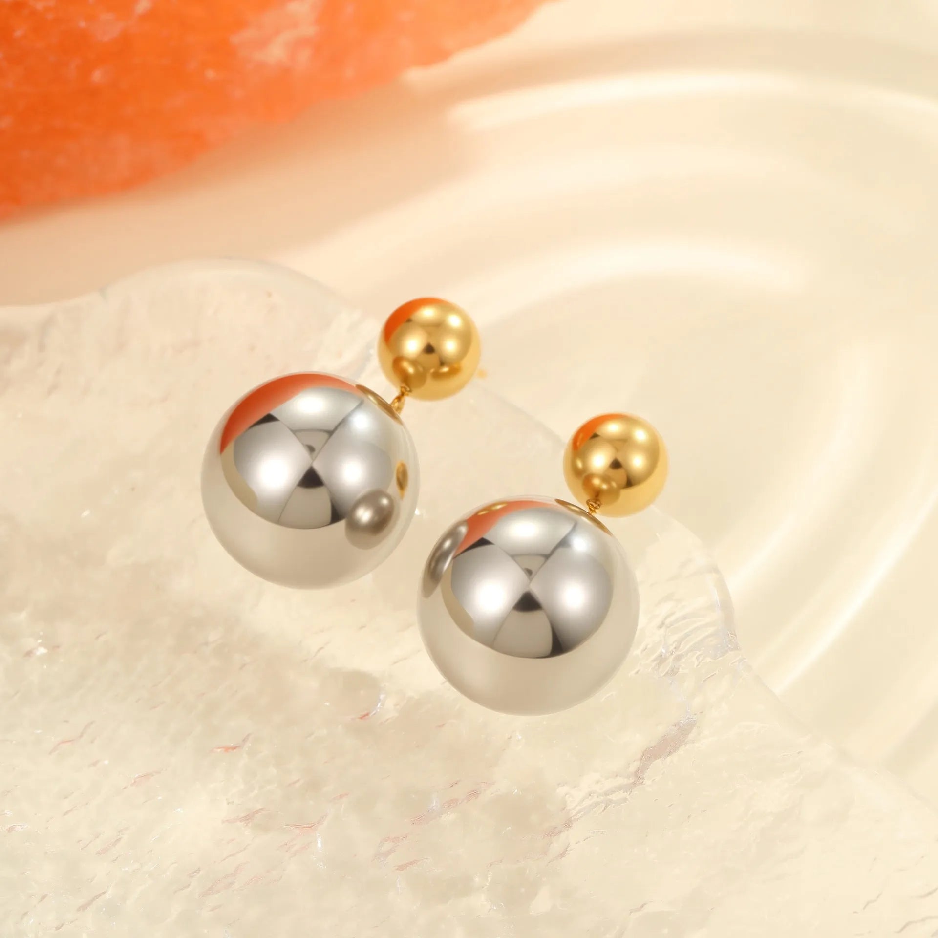 Round beads stainless steel colour-block stud earrings with geometric sphere design and 18K gold electroplating