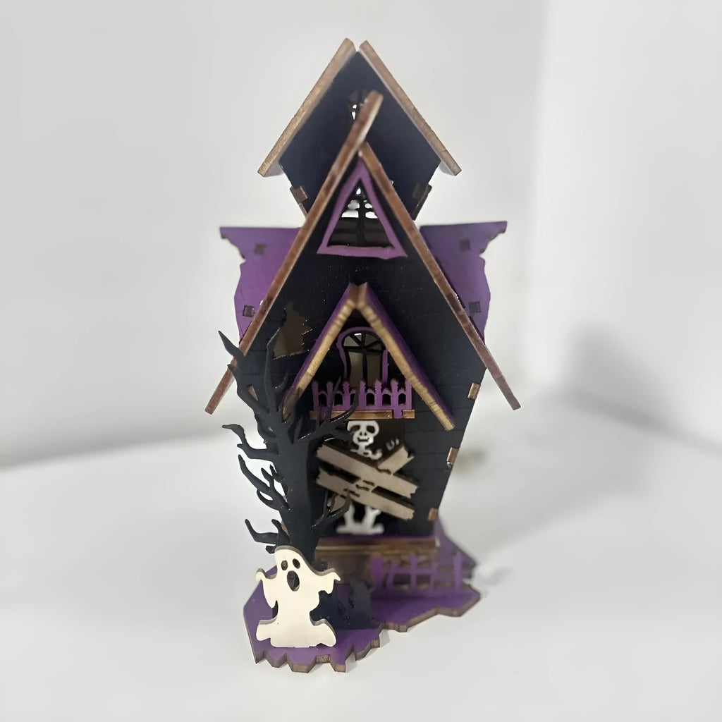 Wooden Halloween haunted house table decoration with luminous glowing design measuring 14 cm wide