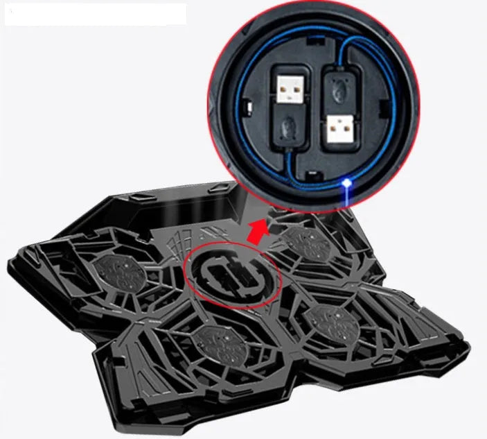 Blue computer cooling base with four LED fans and USB ports for desktop exhaust ventilation