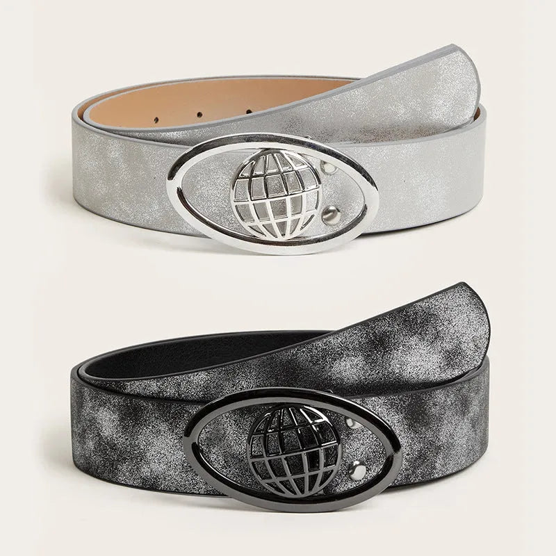 Retro style womens belt with oval alloy buckle on thick 4cm wide PU leather strap in earth tone colour