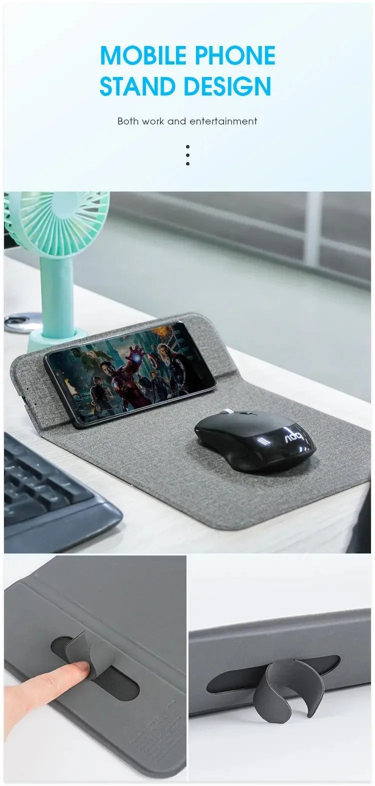 Foldable cloth phone holder wireless charging pad for smartphones on a desk