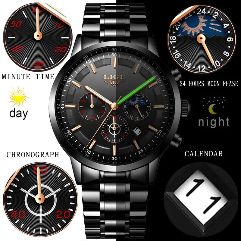 Men's black waterproof quartz sports watch with business styling on wrist