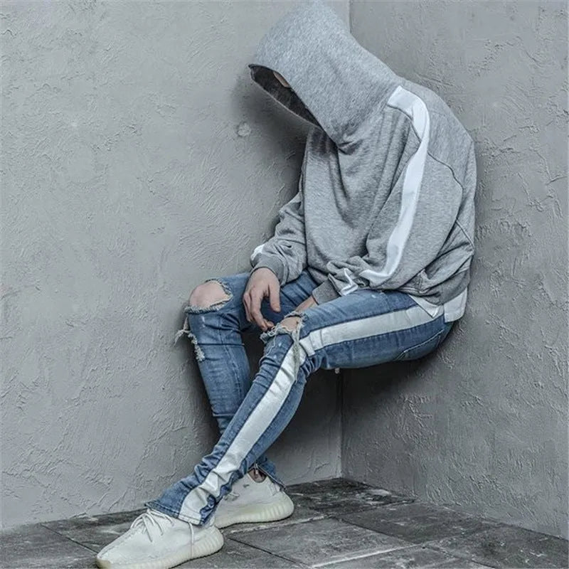 Men's ripped jeans pre-distressed cotton denim skinny fit black colour