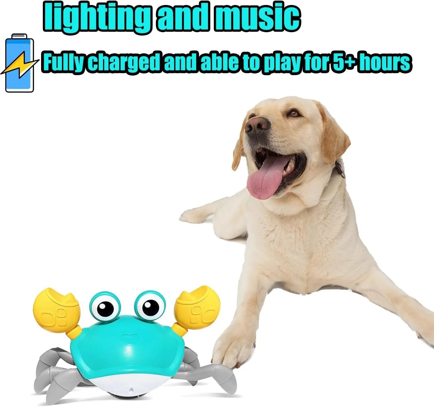 Blue or red electronic crawling crab dog toy with lights, shown on a floor.