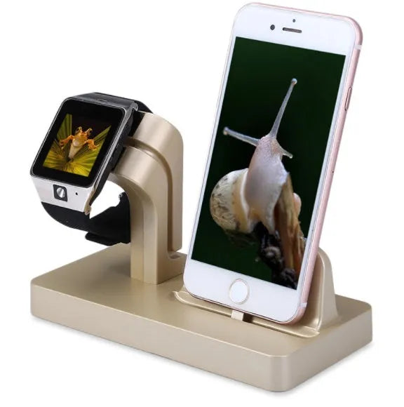 White 2-in-1 desktop charging dock holding an iPhone and an Apple Watch, showing cable cutout and non-slip base.