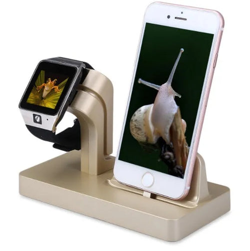 White 2-in-1 desktop charging dock holding an iPhone and an Apple Watch, showing cable cutout and non-slip base.