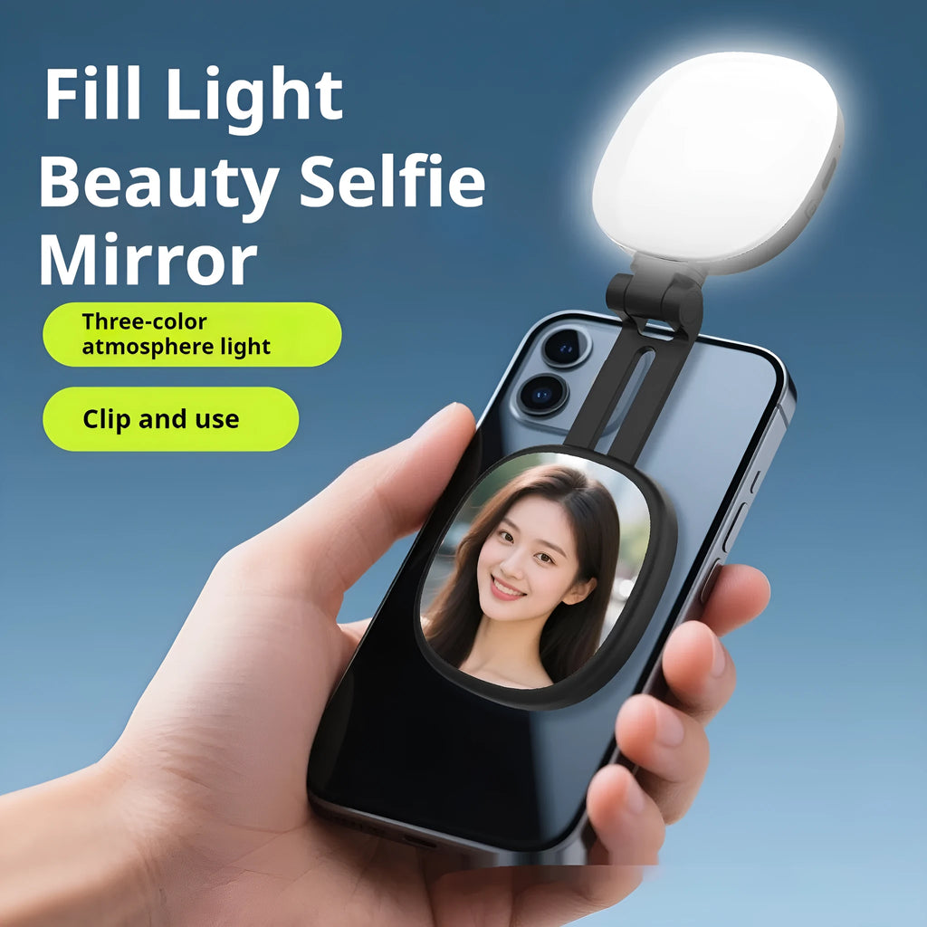 Black and white mobile phone magnetic fill light with three-colour temperature adjustment and variable phone holder
