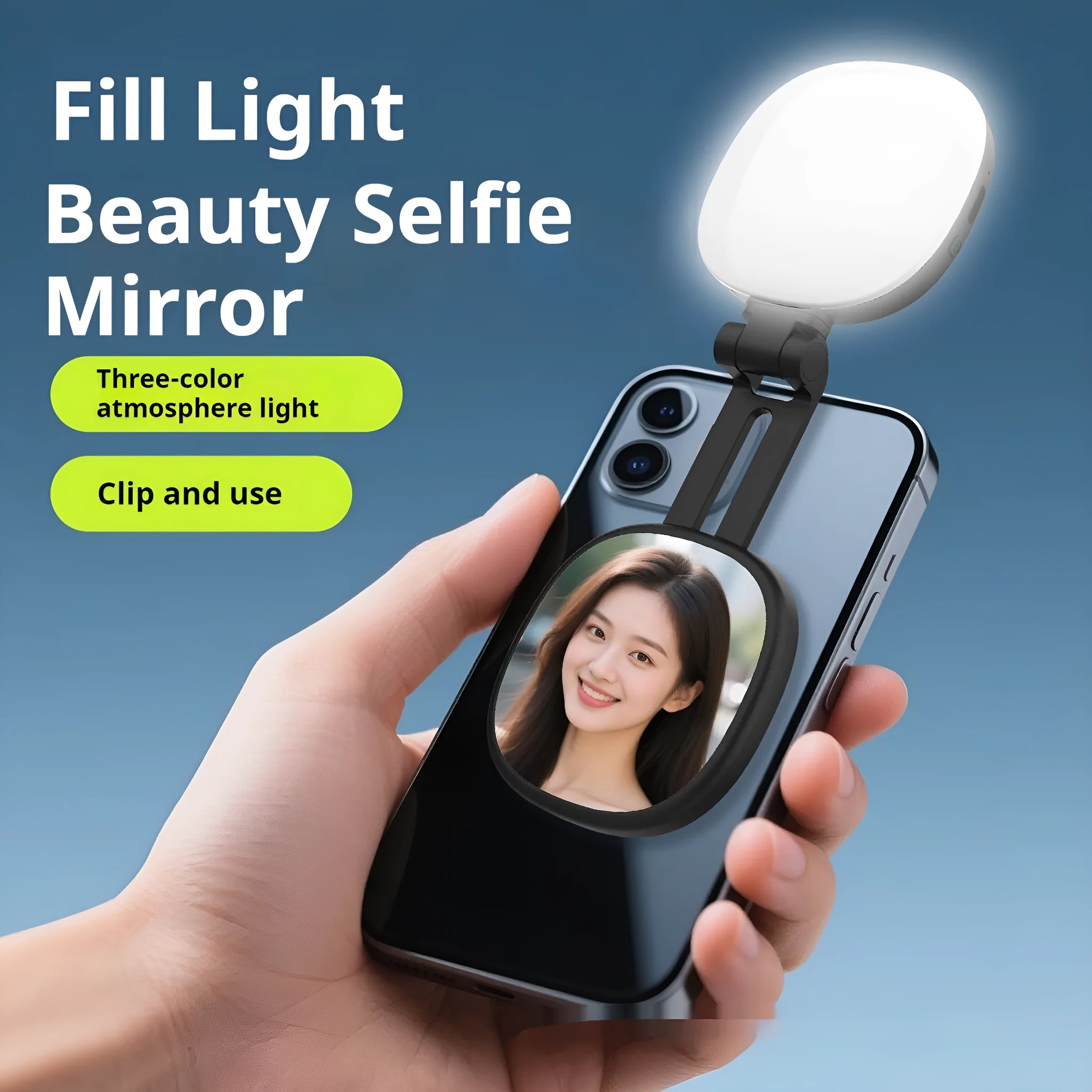 Black and white mobile phone magnetic fill light with three-colour temperature adjustment and variable phone holder