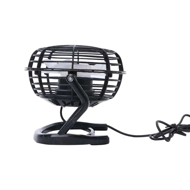 Mini USB desk fan with adjustable angle in black, white, or blue colours for quiet computer cooling