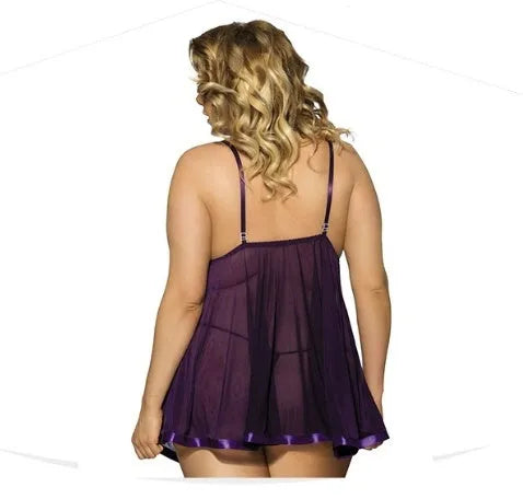 Women's plus-size purple polyester sleepdress with lace detailing and mesh panels