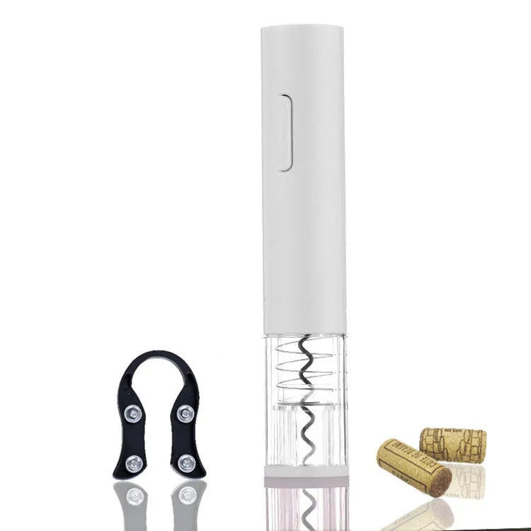 Black automatic electric wine opener with foil cutter and transparent window on white background