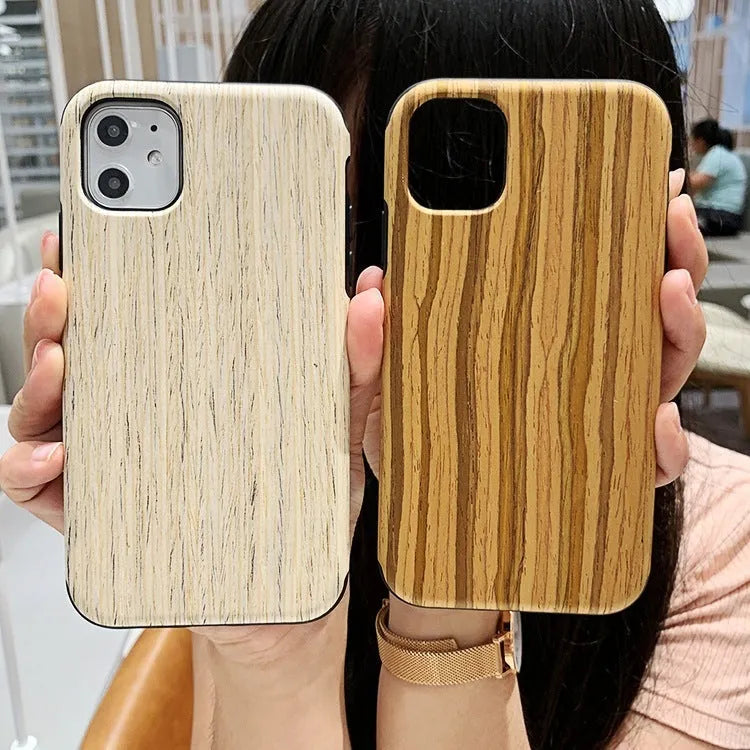 Wooden mobile phone case for iPhone showing natural bamboo grain and rosewood finishes