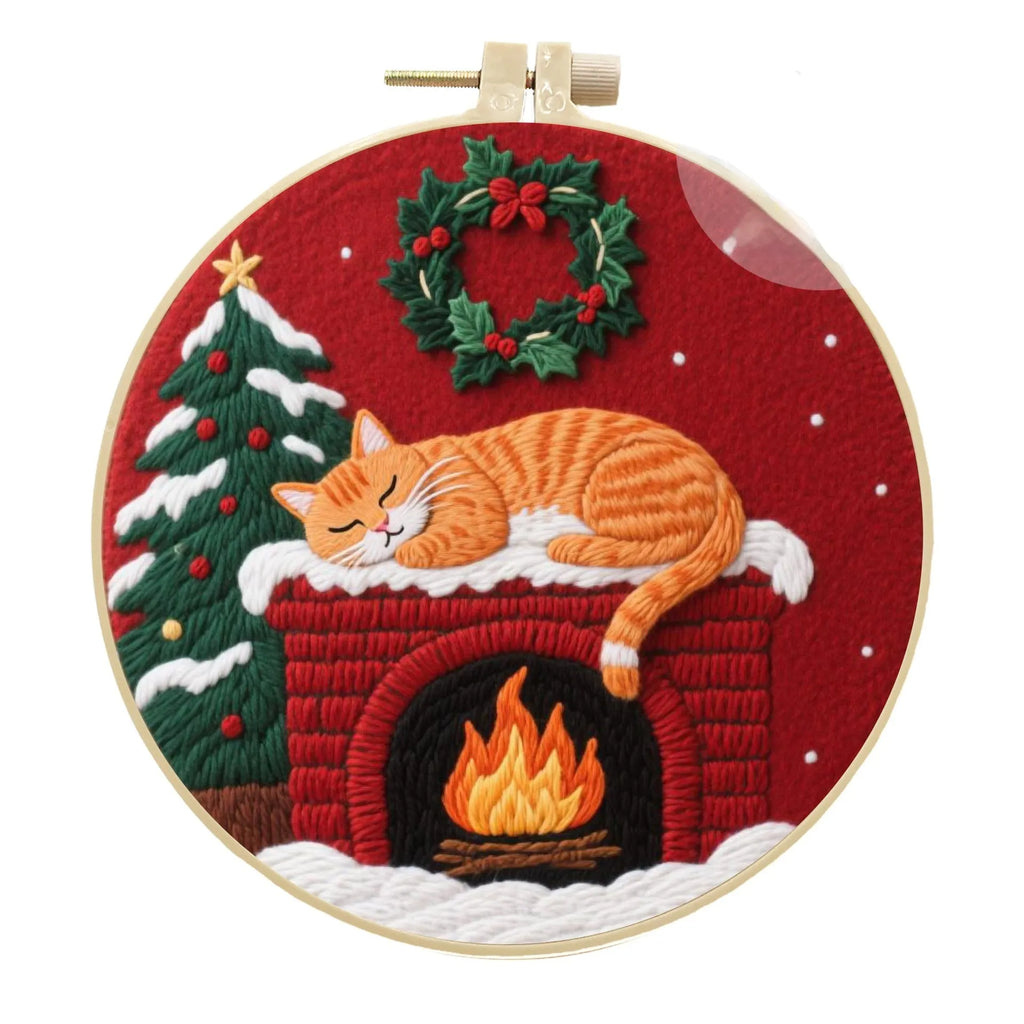 Cotton linen embroidery material package showing autumn fruit patterns for cat-themed DIY projects