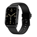 Black smart watch with 1.69-inch touchscreen and silicone strap showing call and music interface