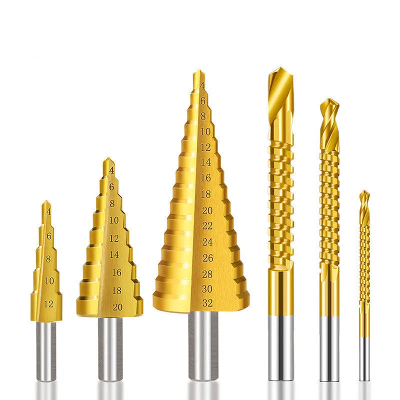 High speed steel cone step drill bits and a centre punch tool set for metal drilling.