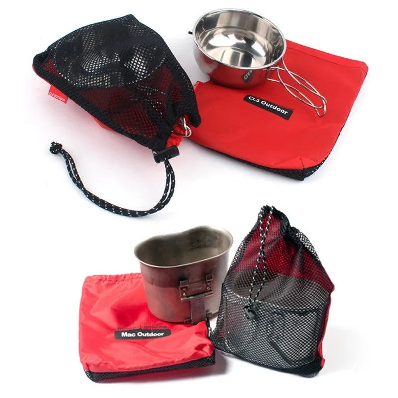 Set of five red outdoor travel storage bags made from Oxford cloth and mesh with zippers.
