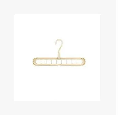 Plastic clothes hanger with rotating hook in pink and green colours on a rail.