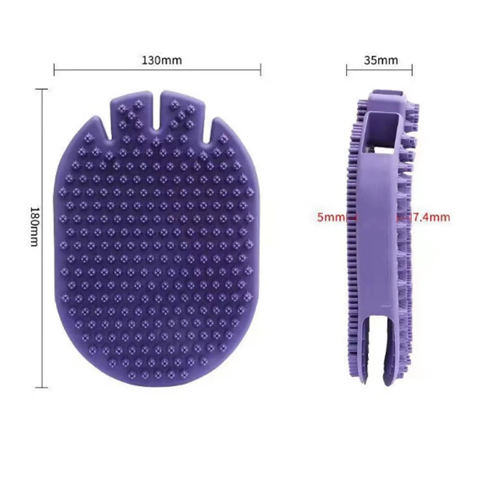 Purple massaging pet shampoo brush with soft TPR bristles, dual-sided dog grooming tool on white background