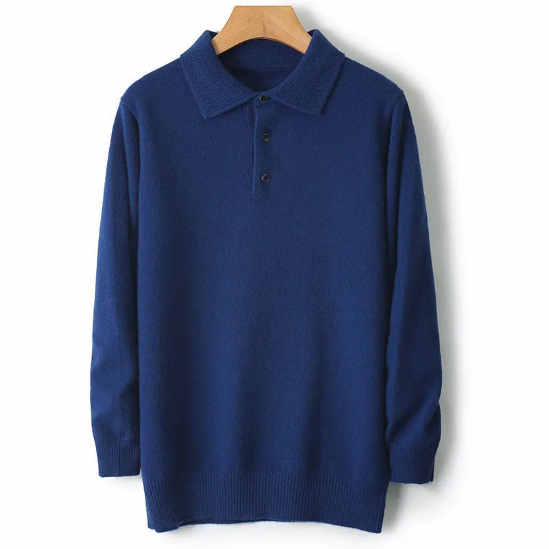 Men's grey woolen pullover sweater with a polo collar and long sleeves laid flat.