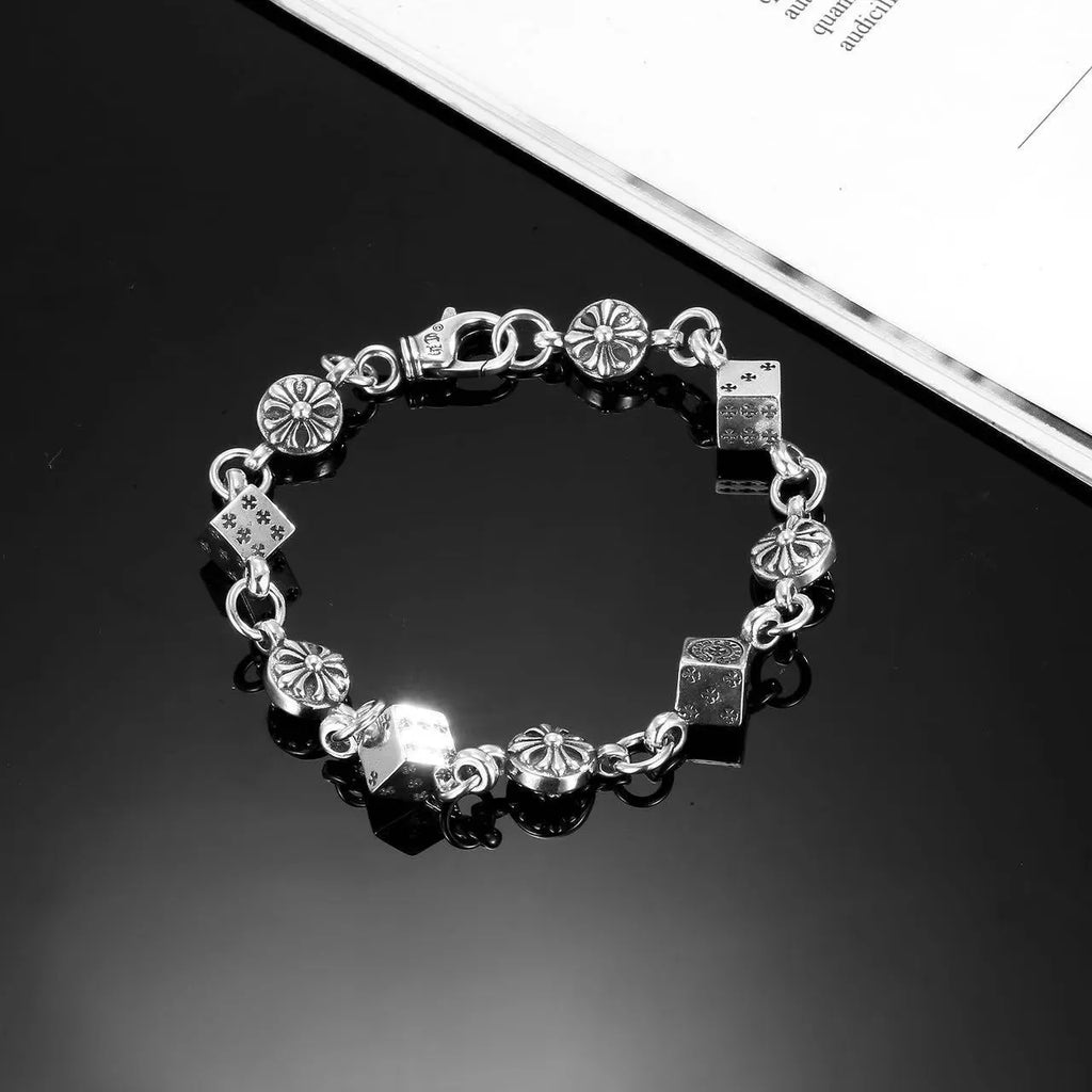 Silver titanium steel dice bracelet 20cm unisex retro electroplated chain bracelet with cross and diamond elements