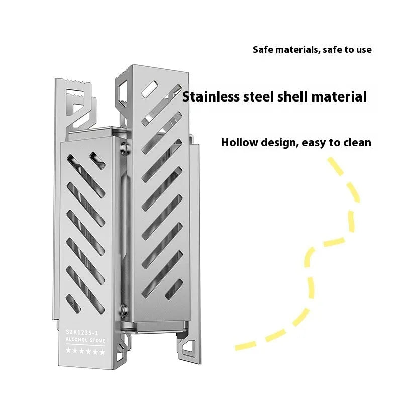 Hexagon-shaped foldable alcohol camping stove showing black finish and compact 9.5cm width