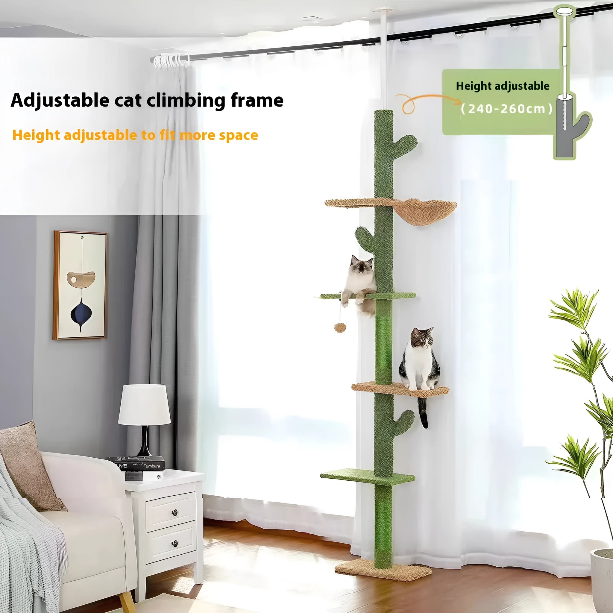 Tall solid wood cat climbing frame with integrated scratch board and hiding toy, measuring 40x25x240cm.