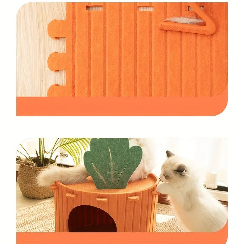 Carrot-orange semi-enclosed felt cat tunnel nest for play and sleeping.