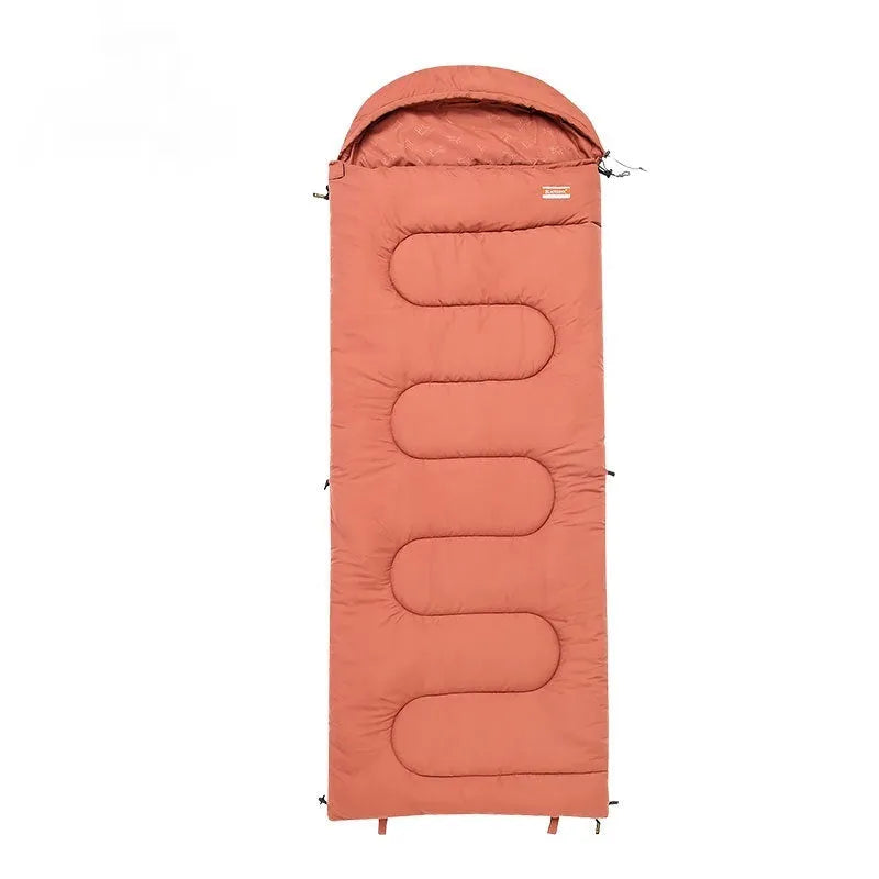 Outdoor camping cotton sleeping bag quilt in ochre or olive green colour showing quilt-style design