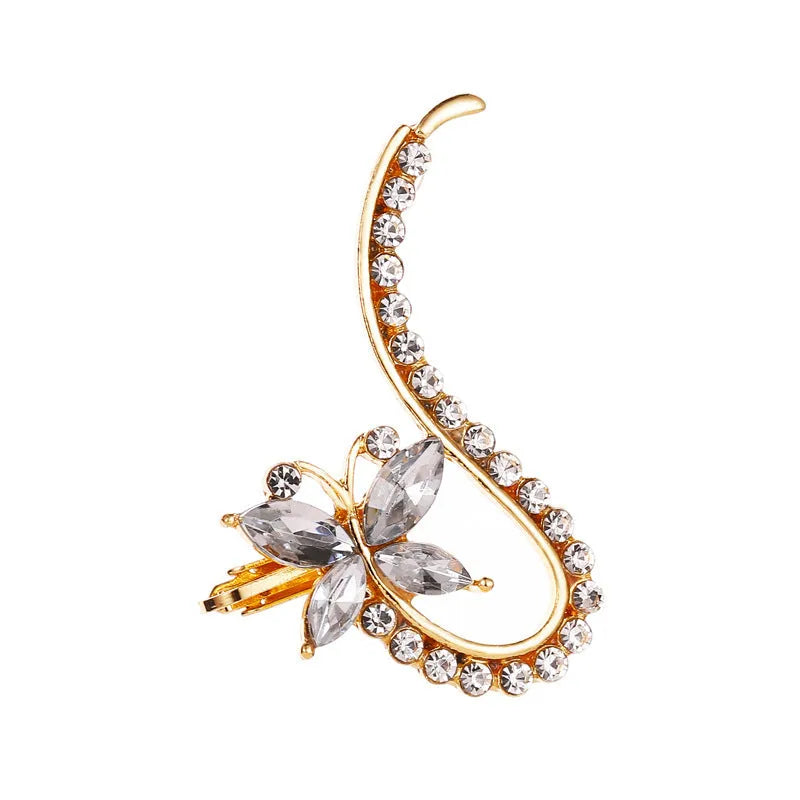 Gold Full Crystal Butterfly Flower ear clip with alloy and artificial gemstone inlay