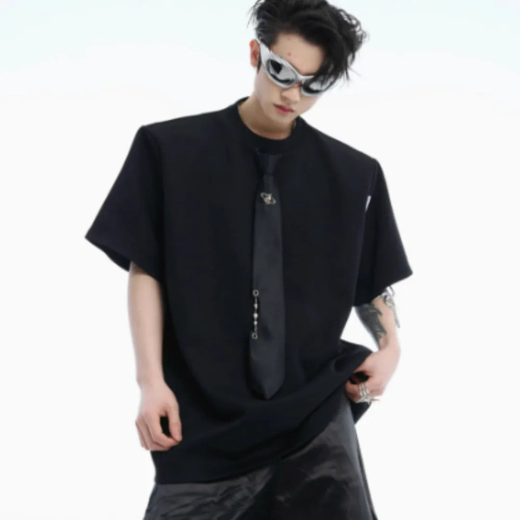 Niche tie stitching short sleeve solid colour top in black with metal decorations, loose fit summer style