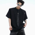 Niche tie stitching short sleeve solid colour top in black with metal decorations, loose fit summer style
