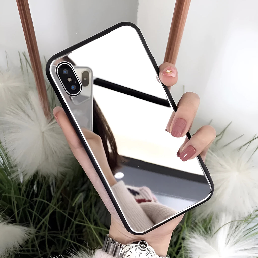 Black iPhone mirror phone case showing reflective back surface, compatible with multiple iPhone models.